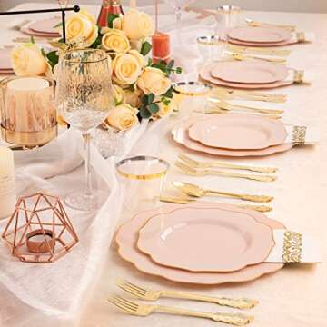 NOCCUR 175PCS Pink Plastic Plates - Pink Plates with Gold Disposable Silverware - Include 50 Plates,25 Knives,25 Forks,25 Spoons,25 Cups and 25 Napkins - Ideal for Wedding & Party