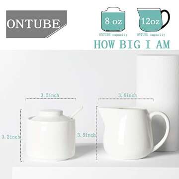 ONTUBE Porcelain Sugar and Creamer Set of 3,Cream Pitcher, Spoon, Sugar Bowl with Lid,Cream (White)