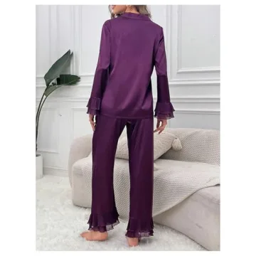 Verdusa Women's Satin Notch Collar Blouse and Ruffle PJ Set