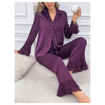 Verdusa Women's Satin Notch Collar Blouse and Ruffle PJ Set