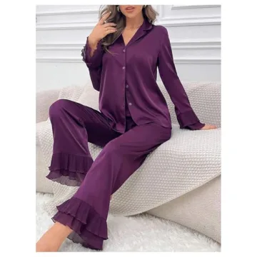 Verdusa Women's Satin Notch Collar Blouse and Ruffle PJ Set