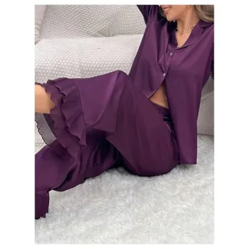 Verdusa Women's Satin Notch Collar Blouse and Ruffle PJ Set