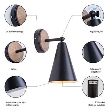 MWZ Rustic Farmhouse Black Metal and Wood Wall Sconce Adjustable Lamp，2 Pack,Rustic Wall Lighting Fixture for Bedroom, Living Room, Headboard, Garage, Porch