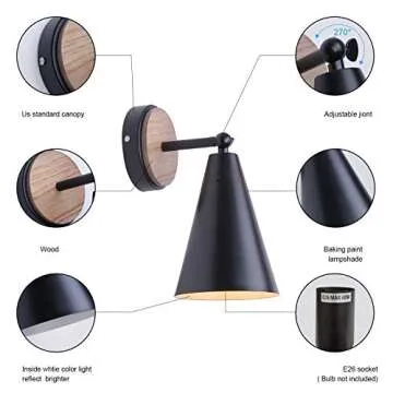 MWZ Rustic Farmhouse Black Metal and Wood Wall Sconce Adjustable Lamp，2 Pack,Rustic Wall Lighting Fixture for Bedroom, Living Room, Headboard, Garage, Porch