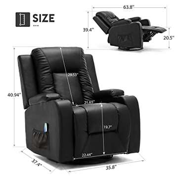 COMHOMA Leather Recliner Chair Rocker with Heated Massage Ergonomic Lounge 360 Degree Swivel Single Sofa Seat Drink Holders Living Room Chair Black