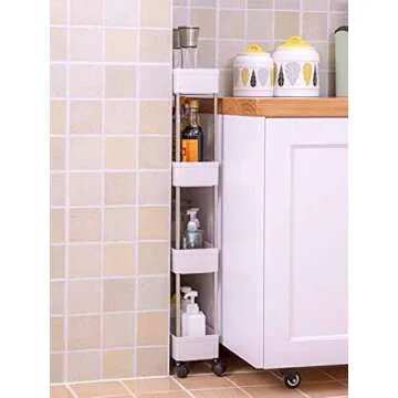 exilot Slim 4 Tier Storage Cart, Under Sink Organizer, Mobile Shelving Unit Organizer, Rolling Utility Cart with Casters Wheels, Multi-purpose Storage Shelf for Bathroom Kitchen Laundry Narrow Places.