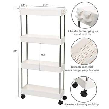 exilot Slim 4 Tier Storage Cart, Under Sink Organizer, Mobile Shelving Unit Organizer, Rolling Utility Cart with Casters Wheels, Multi-purpose Storage Shelf for Bathroom Kitchen Laundry Narrow Places.