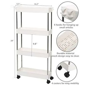 exilot Slim 4 Tier Storage Cart, Under Sink Organizer, Mobile Shelving Unit Organizer, Rolling Utility Cart with Casters Wheels, Multi-purpose Storage Shelf for Bathroom Kitchen Laundry Narrow Places.