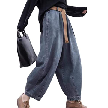 YESNO Women Casual Loose Cropped Trousers Pants Denim Bloomers Elastic Waist with Pockets L PJDTYP1 ...