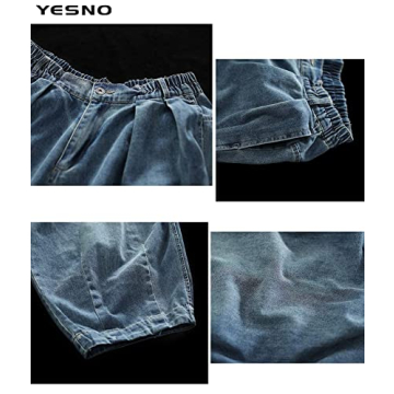 YESNO Women Casual Loose Cropped Trousers Pants Denim Bloomers Elastic Waist with Pockets L PJDTYP1 Blue