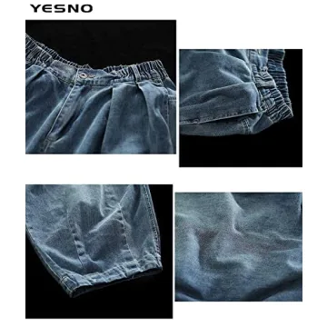 YESNO Women Casual Loose Cropped Trousers Pants Denim Bloomers Elastic Waist with Pockets L PJDTYP1 Blue