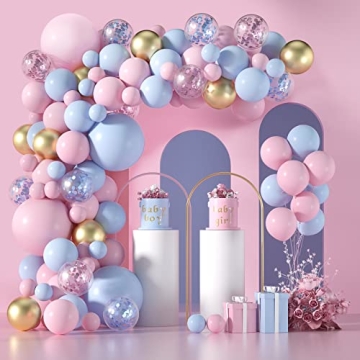 Janinus Light Pink and Blue Balloon Garland Arch Kit-130 PCS 5+12+18 Inch Pink Blue Confetti Gold La...