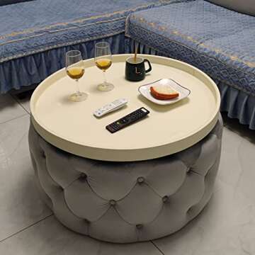 Fuanrun 30 * 30 inches high-end Light Luxury Leather Round Oversized Service Tray, Ottoman Tray，Coffee Tray, Food Tray, Family Dinner, Outdoor Picnic, Party Party Essential Tray (Beige White)