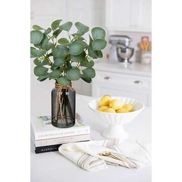 Briful Artificial Eucalyptus Stems in Black Glass Vase with Faux Water, 14" Fake Plant Eucalyptus Leaves for Home Office Farmhouse Wedding Centerpiece Décor