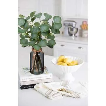 Briful Artificial Eucalyptus Stems in Black Glass Vase with Faux Water, 14" Fake Plant Eucalyptus Leaves for Home Office Farmhouse Wedding Centerpiece Décor