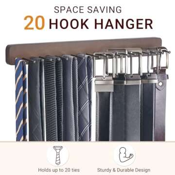 Mkono 2 Packs Tie Rack Wall Mounted Belt Hanger Holder Rustic Wood Tie Organizer for Men Closet Max up 20 Storage for Ties Belts Scarf