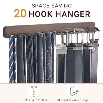 Mkono 2 Packs Tie Rack Wall Mounted Belt Hanger Holder Rustic Wood Tie Organizer for Men Closet Max up 20 Storage for Ties Belts Scarf