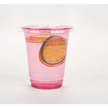 Golden Apple, 12oz 50sets Pink Red Plastic cups with Clear Flat lids X hole (50cups+50lids) BPA Free