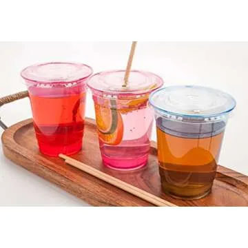 Golden Apple, 12oz 50sets Pink Red Plastic cups with Clear Flat lids X hole (50cups+50lids) BPA Free