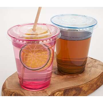Golden Apple, 12oz 50sets Pink Red Plastic cups with Clear Flat lids X hole (50cups+50lids) BPA Free