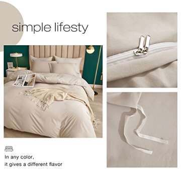 LifeTB Beige Duvet Cover Washed Microfiber 3 Piece Bedding Sets Boho Tan Comforter Solid Color Khaki Simply Style Full with Zipper Closure Ties, Full(80''x90'')