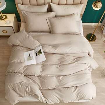 LifeTB Beige Duvet Cover Washed Microfiber 3 Piece Bedding Sets Boho Tan Comforter Solid Color Khaki Simply Style Full with Zipper Closure Ties, Full(80''x90'')