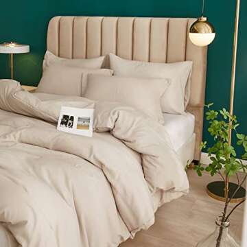 LifeTB Beige Duvet Cover Washed Microfiber 3 Piece Bedding Sets Boho Tan Comforter Solid Color Khaki Simply Style Full with Zipper Closure Ties, Full(80''x90'')