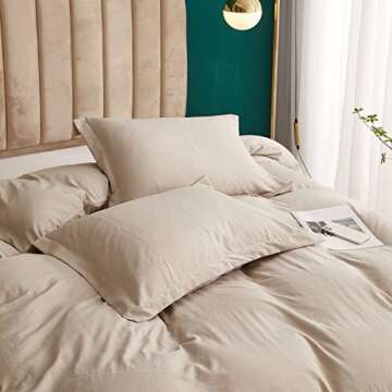 LifeTB Beige Duvet Cover Washed Microfiber 3 Piece Bedding Sets Boho Tan Comforter Solid Color Khaki Simply Style Full with Zipper Closure Ties, Full(80''x90'')