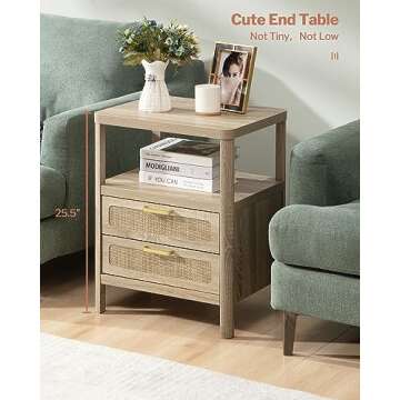 SHEEPPING Rattan Nightstands Set of 2 - Boho Night Stand Bedside Table with 2 Rattan Drawers, Open Storage Shelf, Farmhouse Wood Bed Side Table End Table for Bedroom Living Room, Natural