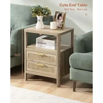 SHEEPPING Rattan Nightstands Set of 2 - Boho Night Stand Bedside Table with 2 Rattan Drawers, Open Storage Shelf, Farmhouse Wood Bed Side Table End Table for Bedroom Living Room, Natural
