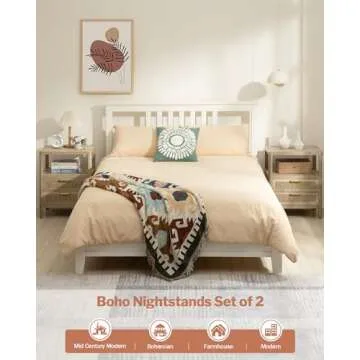 SHEEPPING Rattan Nightstands Set of 2 - Boho Night Stand Bedside Table with 2 Rattan Drawers, Open Storage Shelf, Farmhouse Wood Bed Side Table End Table for Bedroom Living Room, Natural