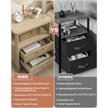 SHEEPPING Rattan Nightstands Set of 2 - Boho Night Stand Bedside Table with 2 Rattan Drawers, Open Storage Shelf, Farmhouse Wood Bed Side Table End Table for Bedroom Living Room, Natural