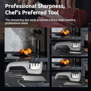 Amesser 4-in-1 Knife Sharpener – Fast & Safe Sharpening for Kitchen, Pocket, Chef’s & Serrated Knives, Scissors | Effortlessly Restore, Hone & Polish Blades with Easy-to-Use Sharpener（Grey）