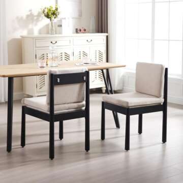 ROCITY Wooden Dining Chairs Set of 2 Beige Linen Fabric Dining Room Chairs Armless Upholstered Cushion Kitchen Chairs Rustic Side Chairs, Black Wood