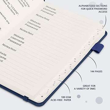 JUBTIC Password Keeper Book with Alphabetical Tabs. Medium Size Password Book for Seniors, Internet Website Address Log in Detail. Hardcover Password Notebook for Home Office, Navy Blue