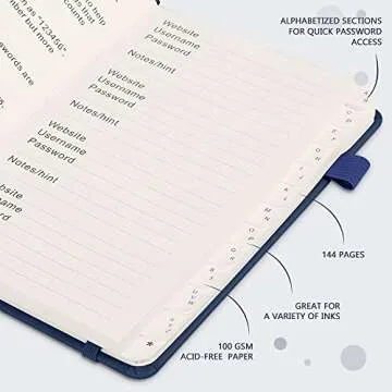 JUBTIC Password Keeper Book with Alphabetical Tabs. Medium Size Password Book for Seniors, Internet Website Address Log in Detail. Hardcover Password Notebook for Home Office, Navy Blue
