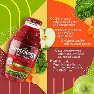 Beetology Organic Beet and Veggie Juice 8.45oz (6 Pack) | 100% Cold Pressed | Heart Healthy | Nutrient Packed Vegetable Juice | Vibrant Flavor