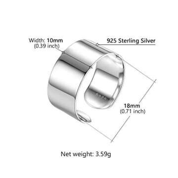 PROSTEEL 925 Sterling Silver Ring 10mm Flat Plain Wide Band Ring Adjustable Men Women Jewelry