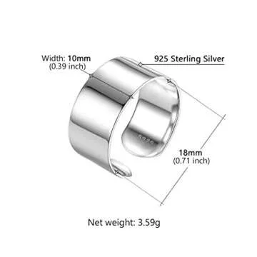 PROSTEEL 925 Sterling Silver Ring 10mm Flat Plain Wide Band Ring Adjustable Men Women Jewelry
