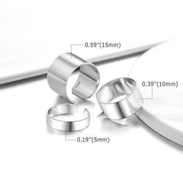 PROSTEEL 925 Sterling Silver Ring 10mm Flat Plain Wide Band Ring Adjustable Men Women Jewelry