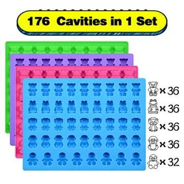 Silicone Candy Gummy Bear Molds - Chocolate Molds Including Bears, Frogs, Lions, Monkeys, Penguins Gummie Molds Premium Silicone, Pack of 4 with 2 Droppers