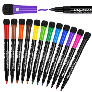 12 Fine Tip Dry Erase Markers - Magnetic with Eraser, Low Odor Perfect for Kids and Adults