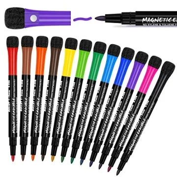 12 Fine Tip Dry Erase Markers - Magnetic with Eraser, Low Odor Perfect for Kids and Adults