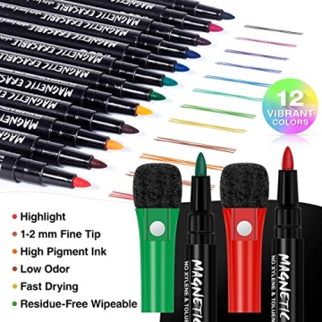 Fine Tip Dry Erase Markers with Magnetic Eraser - 12 Colors
