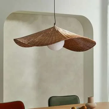 YUJIDAO Woven Rattan Pendant Lamp,23.6 Inch Large Natural Simple Hand Weaved Coastal Beach Brown Hemp Rope Hanging Pendant Light Fixture for Dining Room Living Room Bedroom Kitchen Foyer, 19.7in