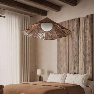 YUJIDAO Woven Rattan Pendant Lamp,23.6 Inch Large Natural Simple Hand Weaved Coastal Beach Brown Hemp Rope Hanging Pendant Light Fixture for Dining Room Living Room Bedroom Kitchen Foyer, 19.7in