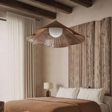 YUJIDAO Woven Rattan Pendant Lamp,23.6 Inch Large Natural Simple Hand Weaved Coastal Beach Brown Hemp Rope Hanging Pendant Light Fixture for Dining Room Living Room Bedroom Kitchen Foyer, 19.7in