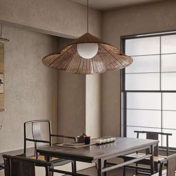 YUJIDAO Woven Rattan Pendant Lamp,23.6 Inch Large Natural Simple Hand Weaved Coastal Beach Brown Hemp Rope Hanging Pendant Light Fixture for Dining Room Living Room Bedroom Kitchen Foyer, 19.7in