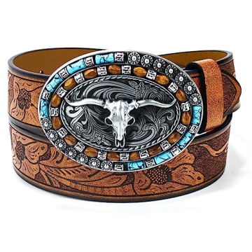 Utaly Western Cowboy Cowgirl Leather Belts - Women Men Turquoise Embossed Waist Belts LongHorn Bull ...
