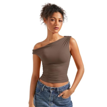 SUUKSESS Women Off Shoulder Tops Sleeveless Shirts Y2K Trendy Going Out Crop Tank Top (Brown,S)